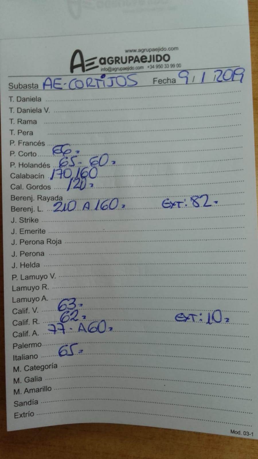 Subasta hortofrutícola AgrupaEjido Cortijos de Marín 9 de Enero 2019