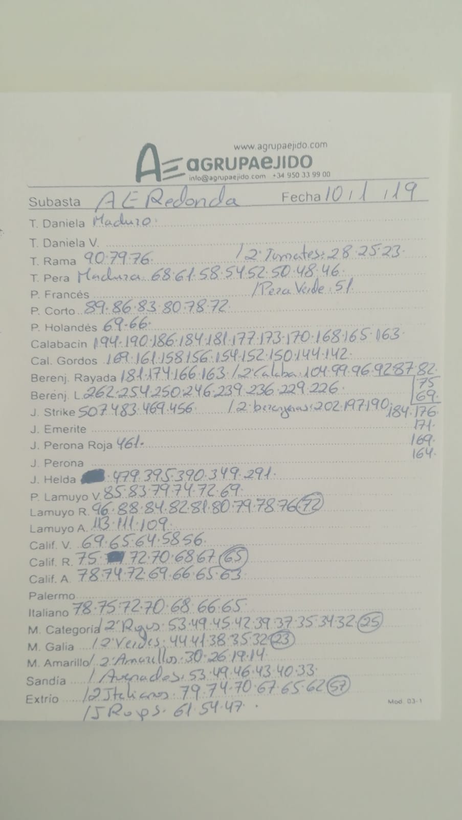 Subasta hortofrutícola AgrupaEjido La Redonda 10 de Enero 2019