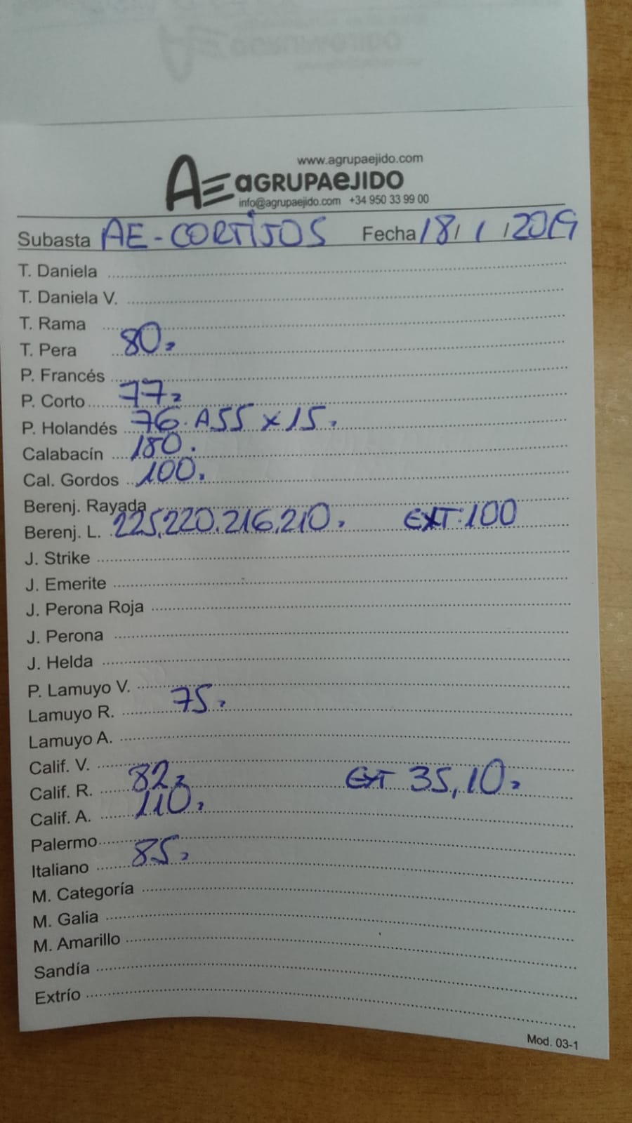 Subasta hortofrutícola AgrupaEjido Cortijos de Marín 18 de Enero 2019