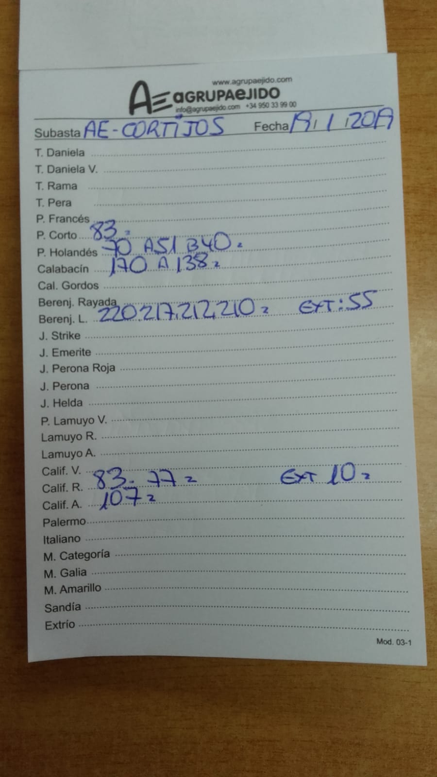 Subasta hortofrutícola AgrupaEjido Cortijos de Marín 19 de Enero 2019