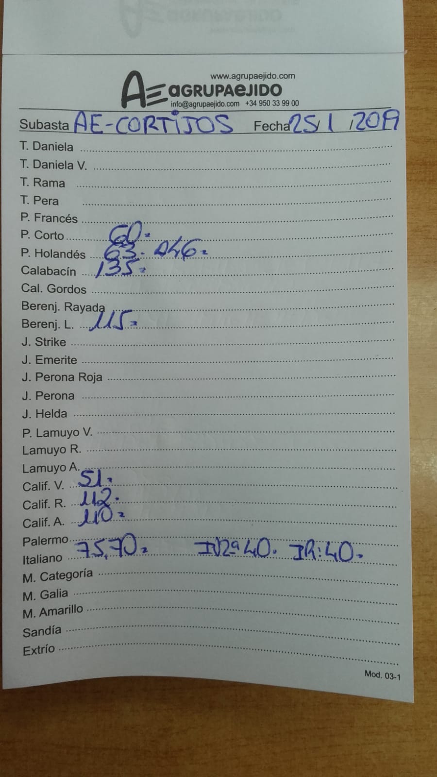 Subasta hortofrutícola AgrupaEjido Cortijos de Marín 25 de Enero 2019