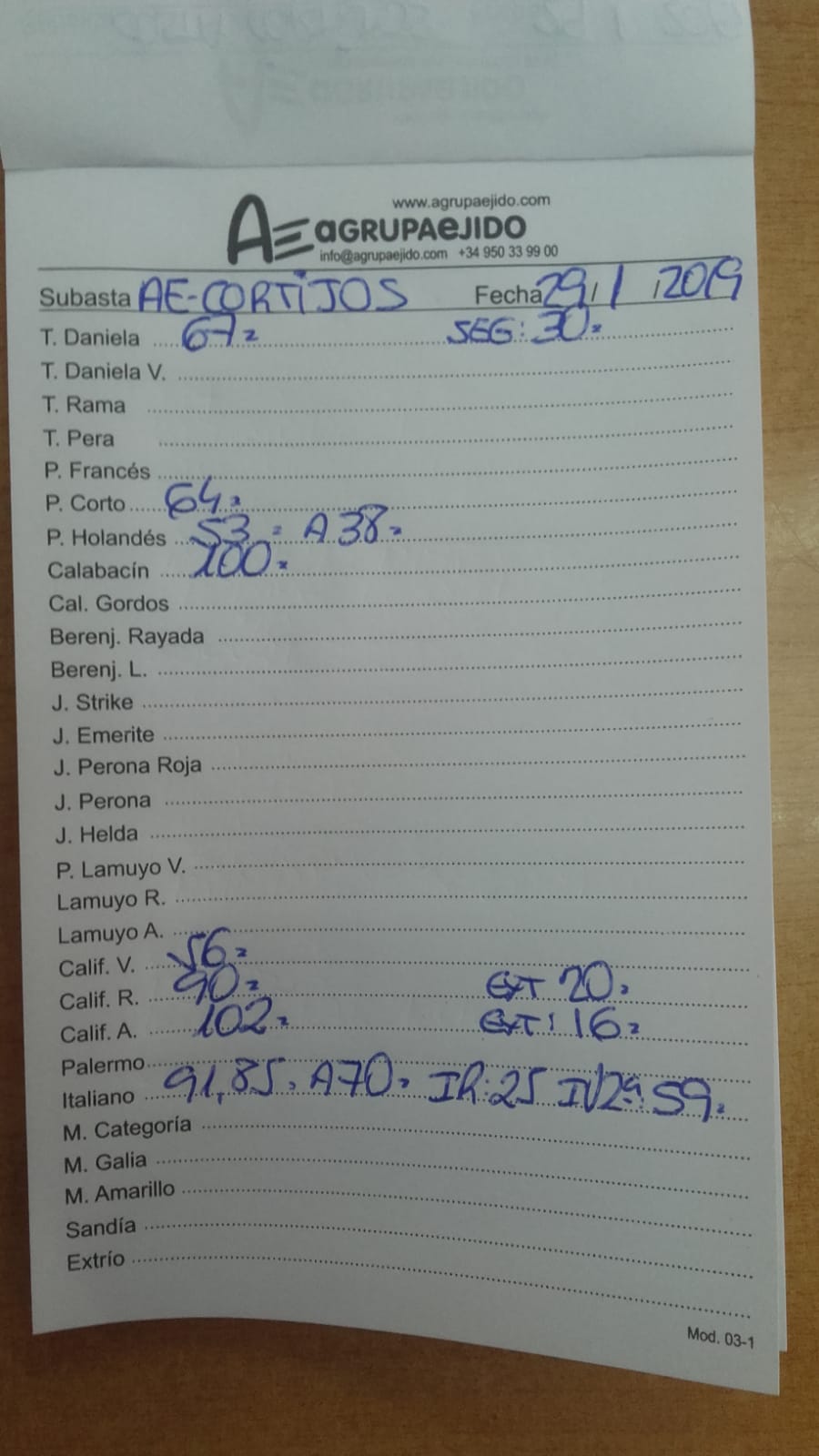 Subasta hortofrutícola AgrupaEjido Cortijos de Marín 29 de Enero 2019