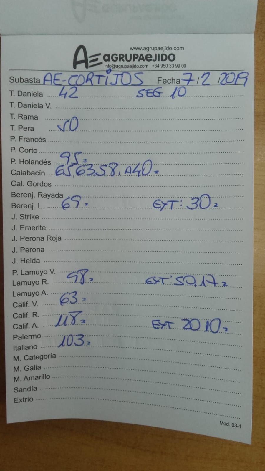 Subasta hortofrutícola AgrupaEjido Cortijos de Marín 7 de Febrero 2019