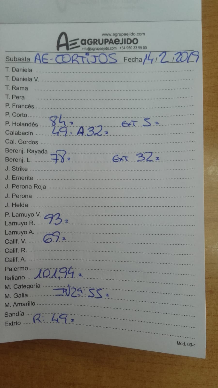 Subasta hortofrutícola AgrupaEjido Cortijos de Marín 14 de Febrero 2019