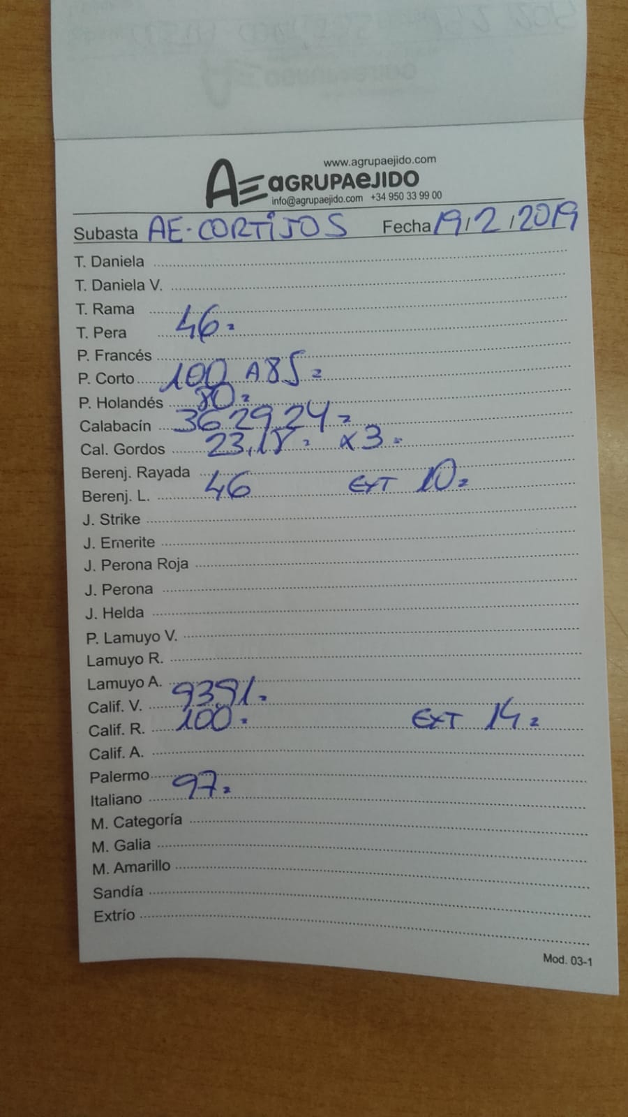 Subasta hortofrutícola AgrupaEjido Cortijos de Marín 19 de Febrero 2019