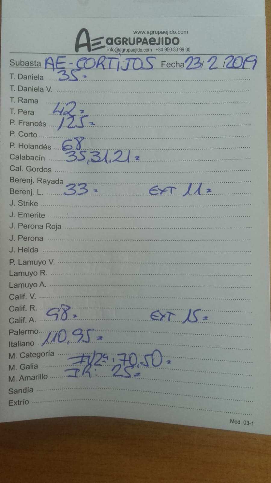 Subasta hortofrutícola AgrupaEjido Cortijos de Marín 23 de Febrero 2019