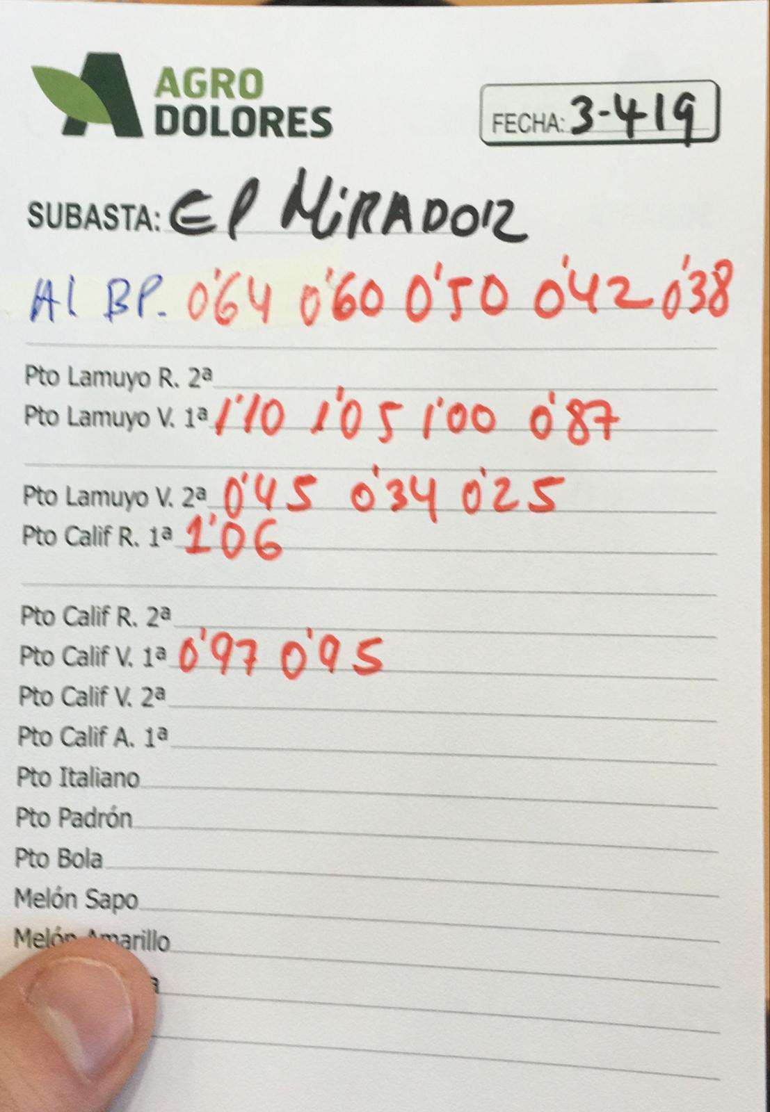 Subasta hortofrutícola Agrodolores El Mirador 3 de Abril 2019