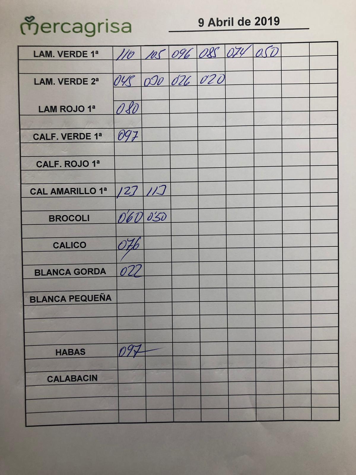 Subasta hortofrutícola Mercagrisa 9 de Abril 2019