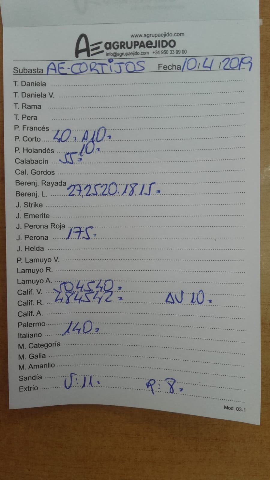 Subasta hortofrutícola AgrupaEjido Cortijos de Marín 10 de Abril 2019