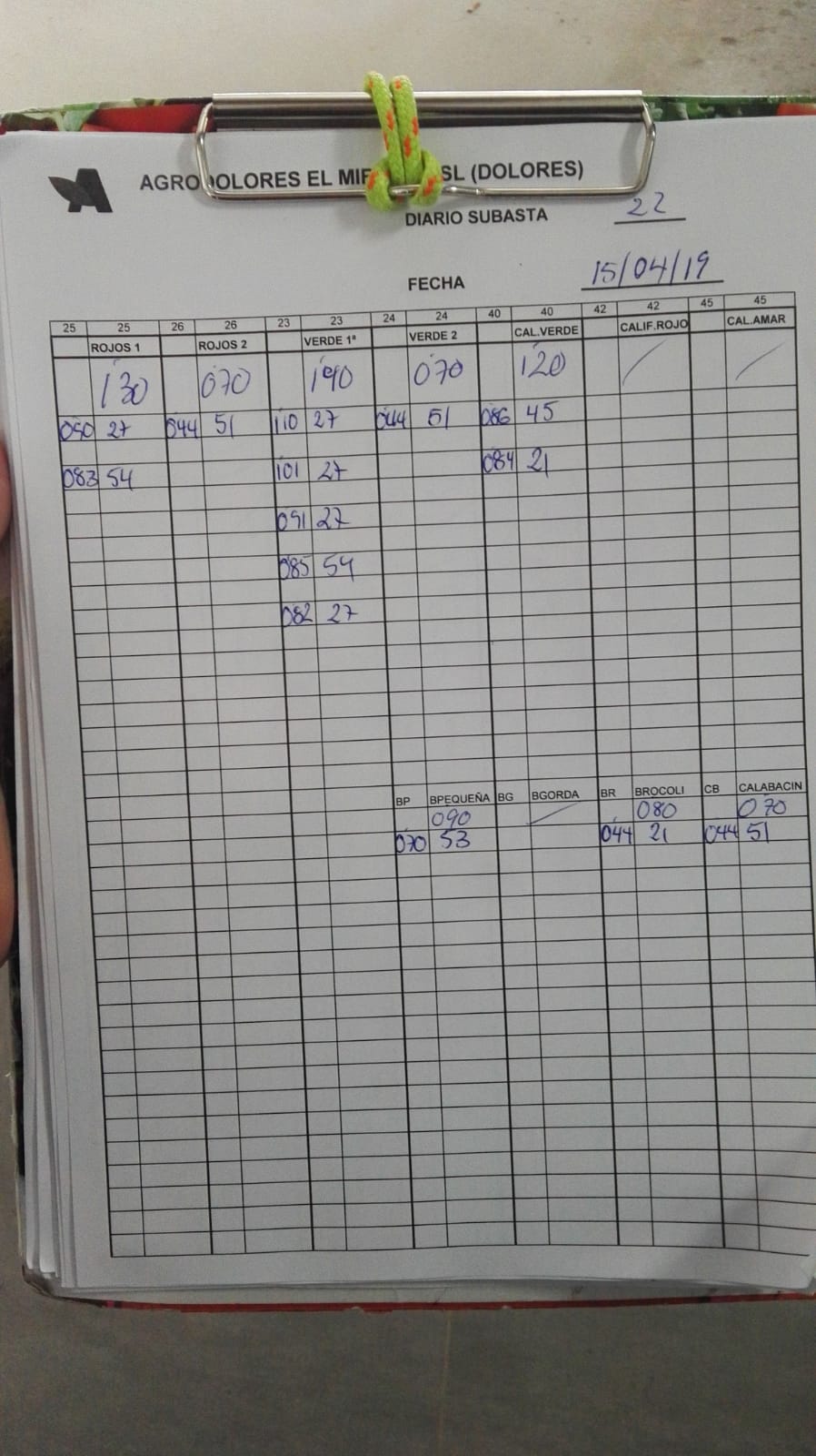 Subasta hortofrutícola Agrodolores Dolores 15 de Abril 2019