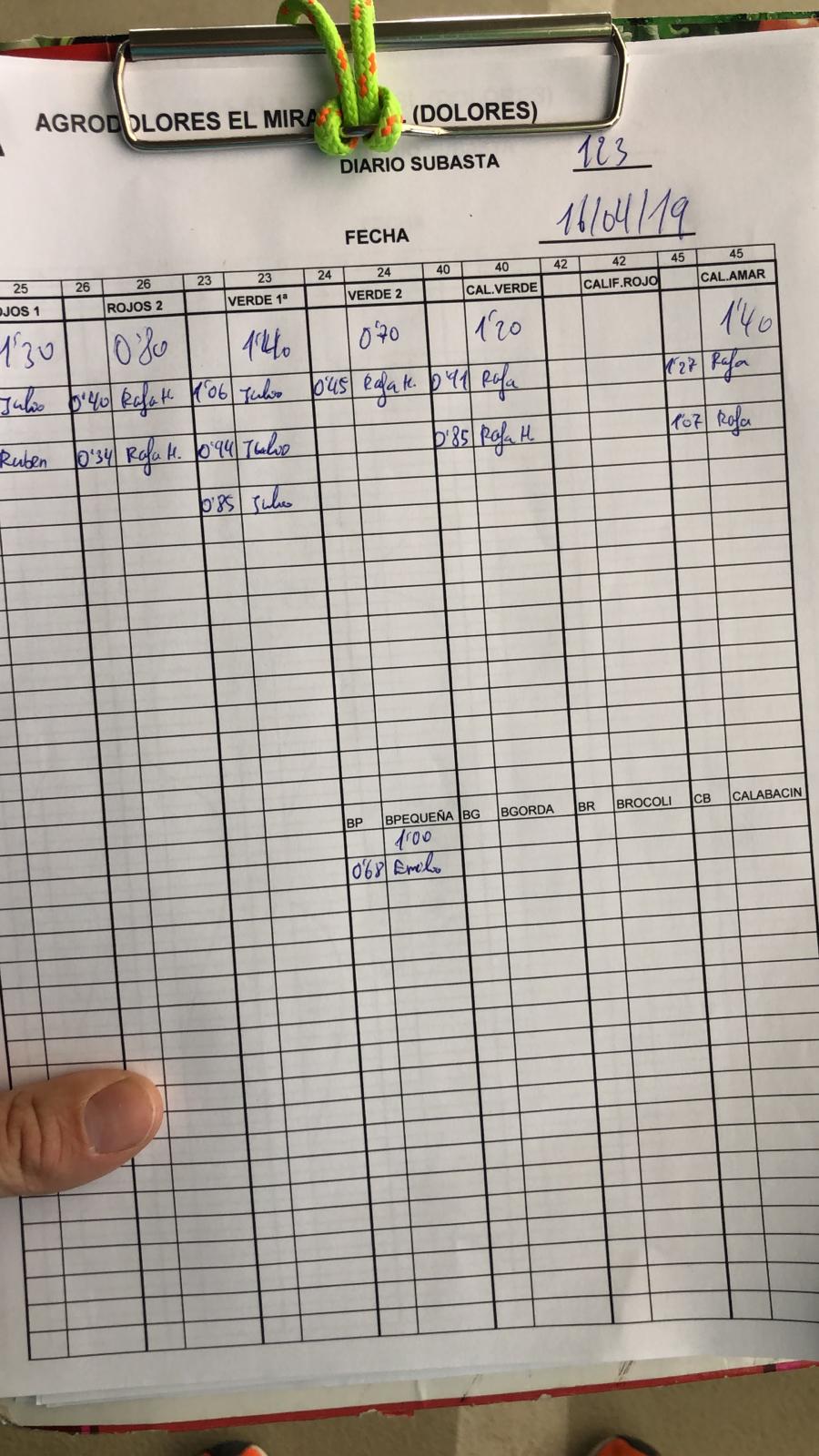 Subasta hortofrutícola Agrodolores Dolores 16 de Abril 2019