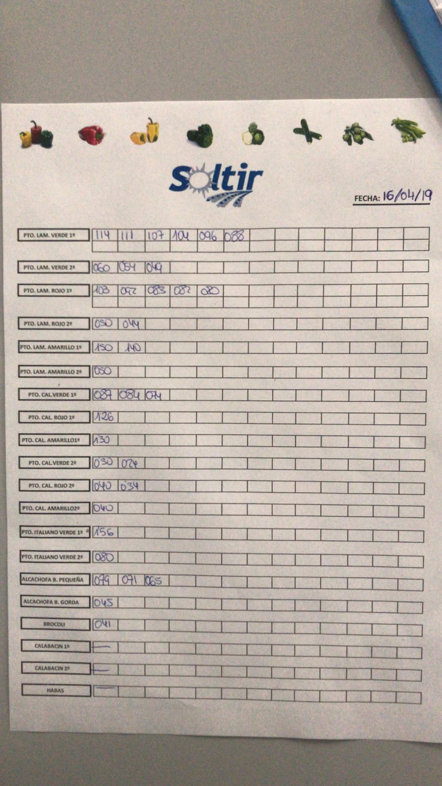 Subasta hortofrutícola Soltir 16 de Abril 2019