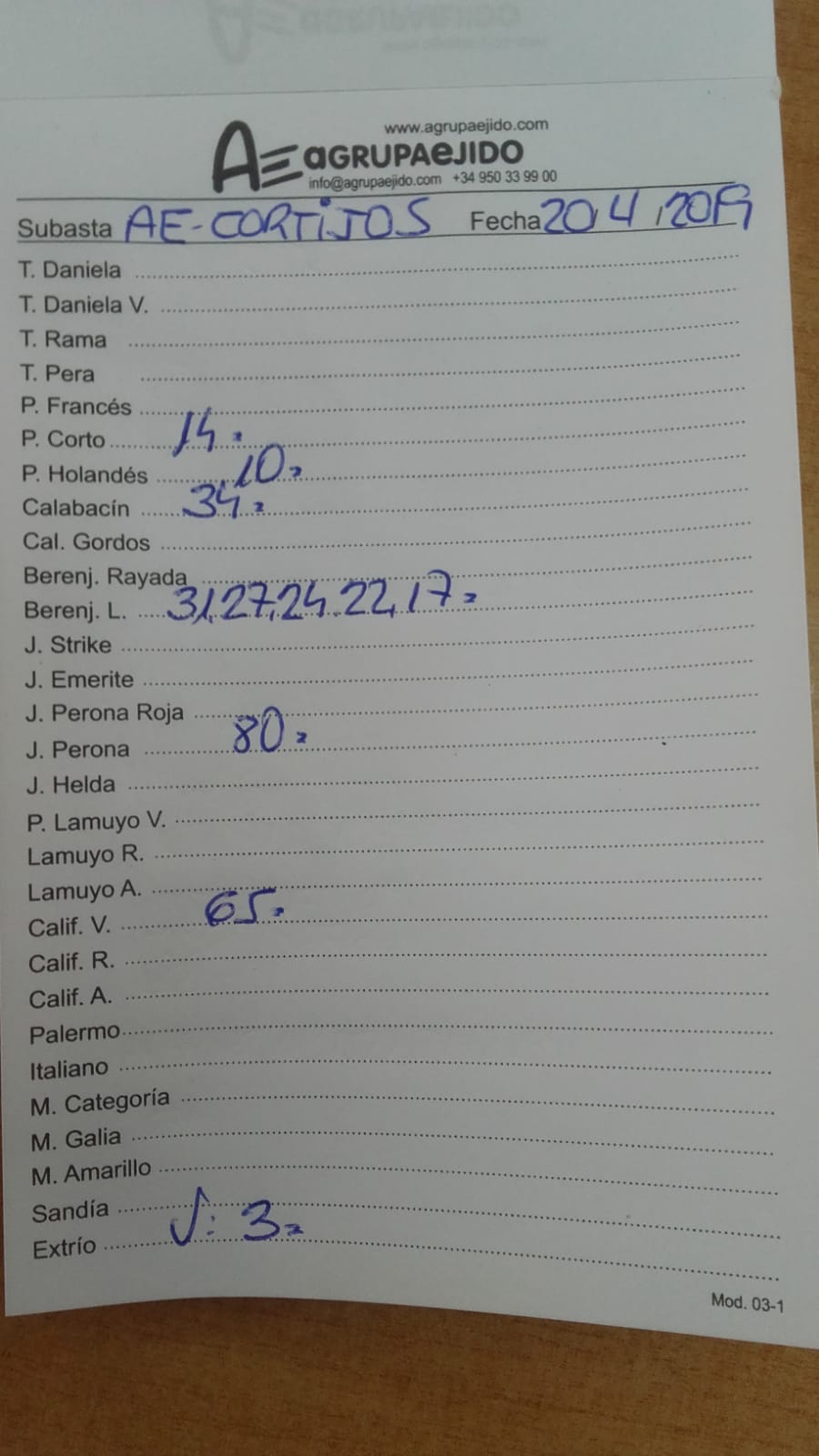 Subasta hortofrutícola AgrupaEjido Cortijos de Marín 20 de Abril 2019