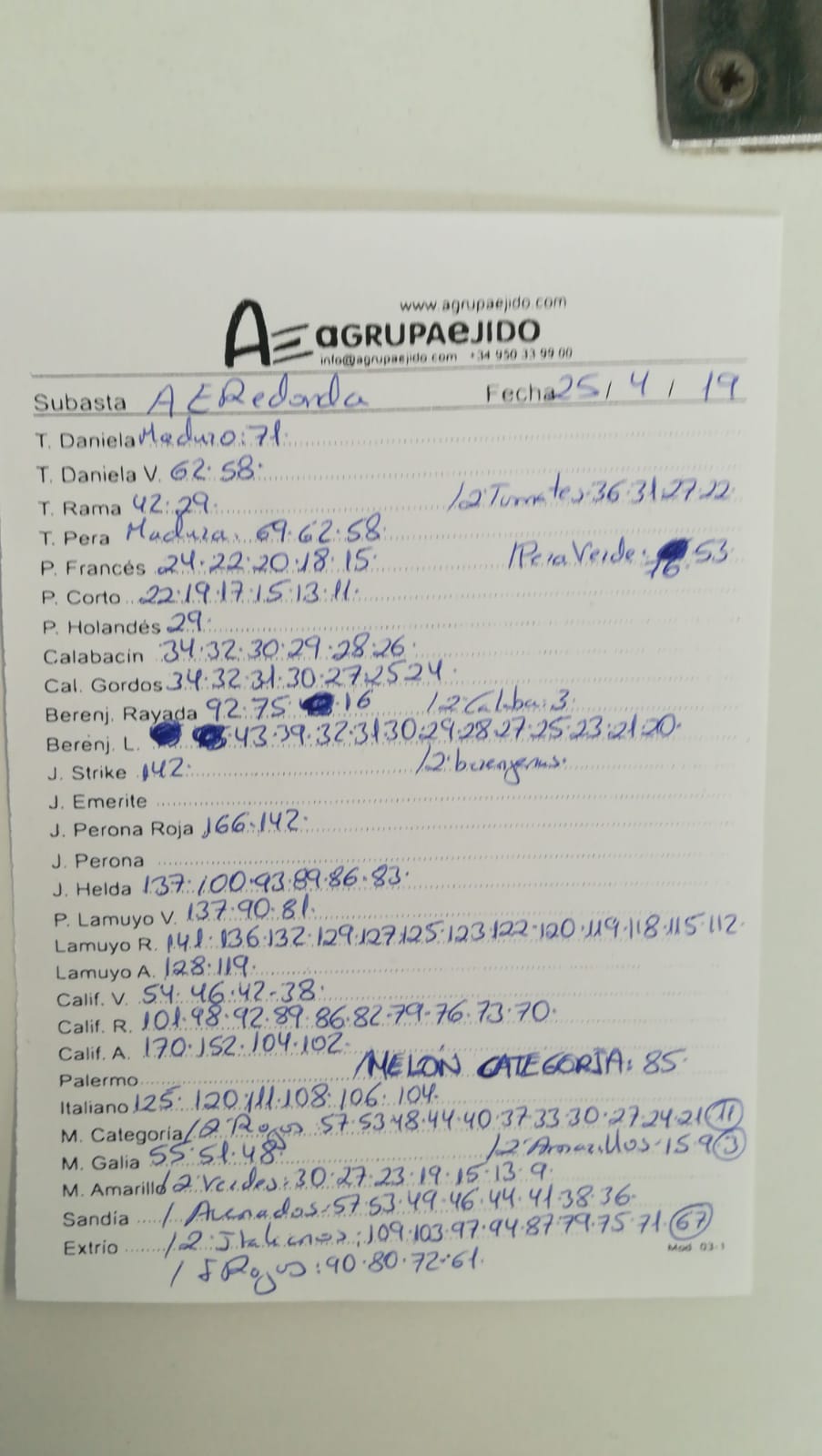 Subasta hortofrutícola AgrupaEjido La Redonda 25 de Abril 2019