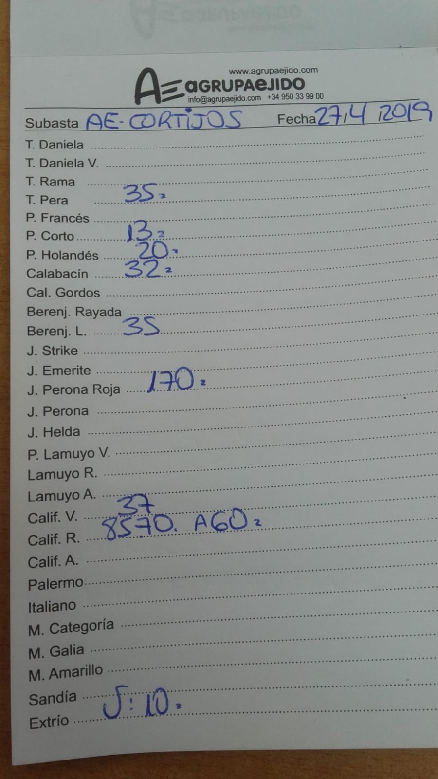 Subasta hortofrutícola AgrupaEjido Cortijos de Marín 27 de Abril 2019